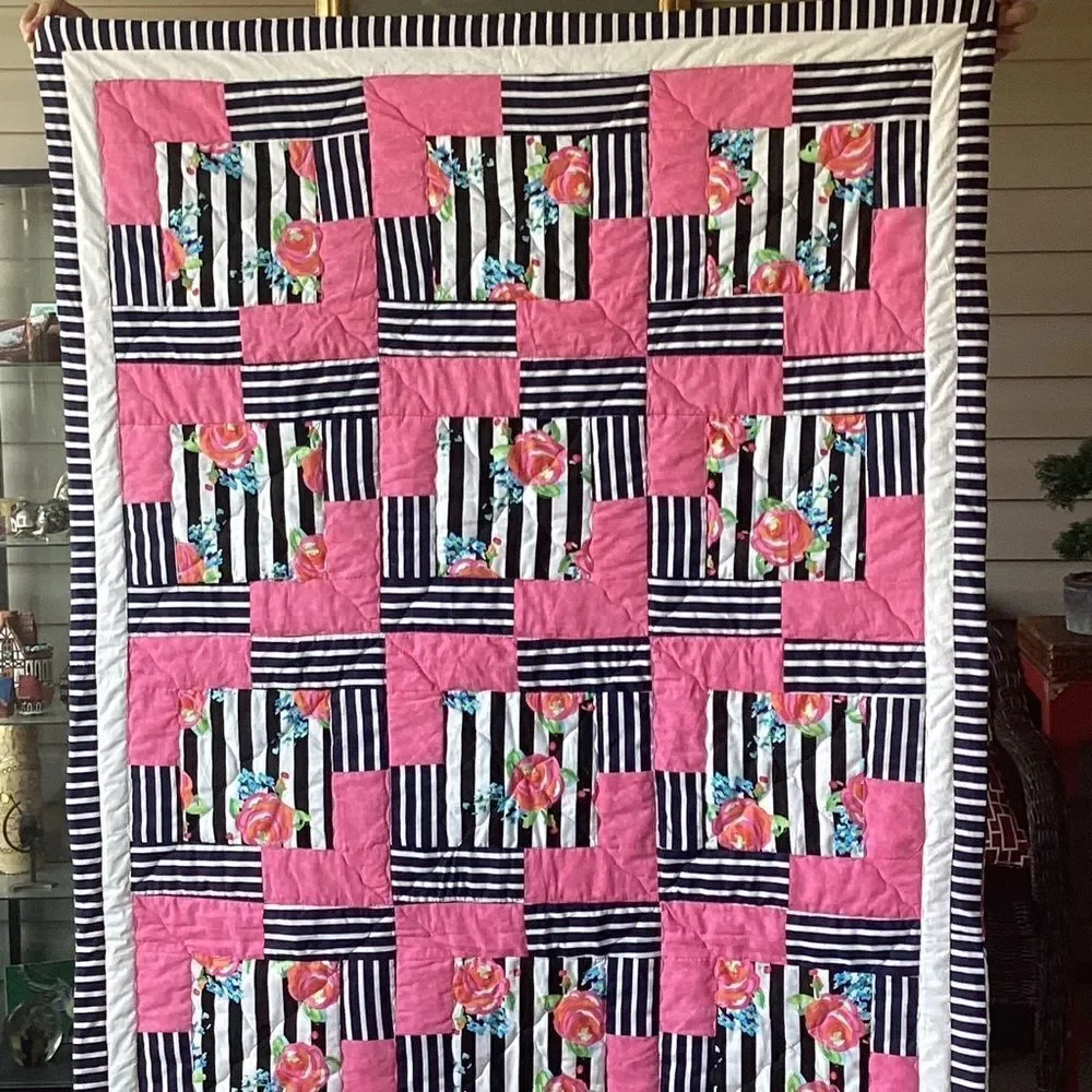 NWT. Hand Crafted Pink and Black Striped With Roses Floral Quilt